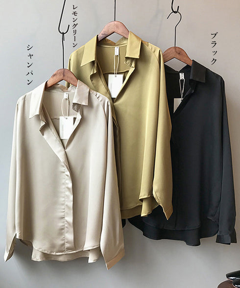スキッパー シャツ 長袖 レディース ゆったり シルク風ブラウス 無地 とろみ シャツブラウス 春夏 きれいめブラウス AMYS-1013