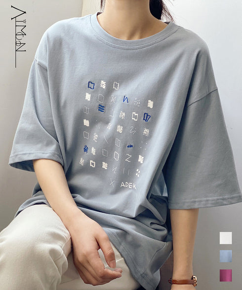 ロゴtシャツ 半袖 レディース 夏 ラウンドネック カットソー カジュアル 刺しゅう 着やせ AMYS-1019
