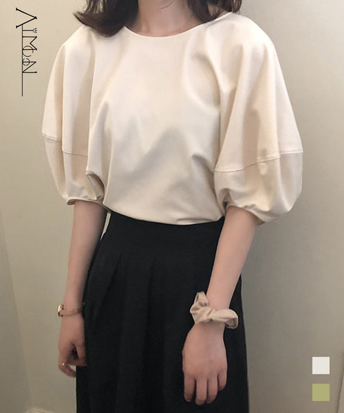 ゆったり トップス パフスリーブ レディース Tシャツ ブラウス 韓国 30代40代 バルーンスリーブ カットソー ラウンドネック AMYS-1032