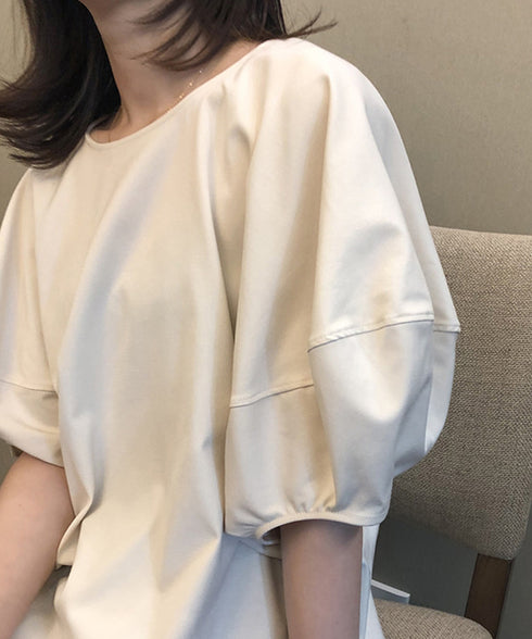 ゆったり トップス パフスリーブ レディース Tシャツ ブラウス 韓国 30代40代 バルーンスリーブ カットソー ラウンドネック AMYS-1032