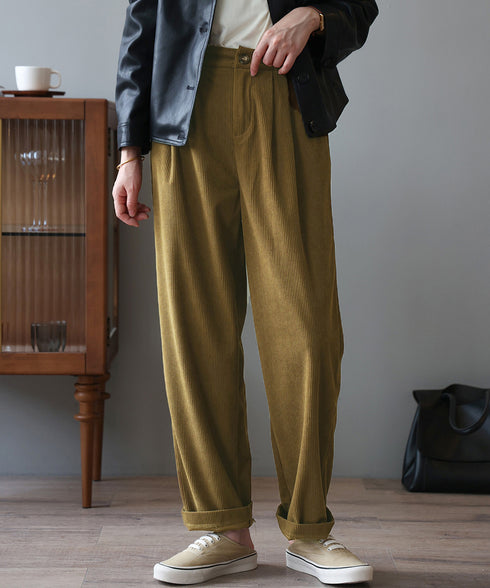 コーデュロイパンツ レディース レトロ風 秋冬 ストレートパンツ ハイウエスト ルーズテーパードパンツ 着やせ カジュアル ゆるシルエットパンツ おしゃれ AMYS-1044