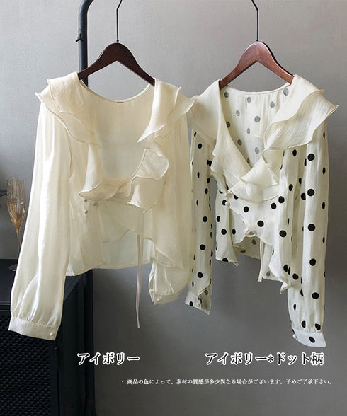フリルカラー ブラウス レディース透け感 おしゃれ ドット柄 シアートップス 長袖 カシュクール風 透け シャツブラウス アシメントリー トップス 大人女性 韓国 AMYS-1052