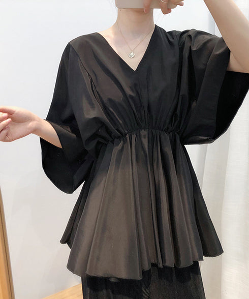 ボリューム袖 シャツブラウス Vネック ウエストゴム ブラウス 着やせ パフスリーブ 上品 清楚 大人エレガント フェミニン おしゃれ AMYX-86011