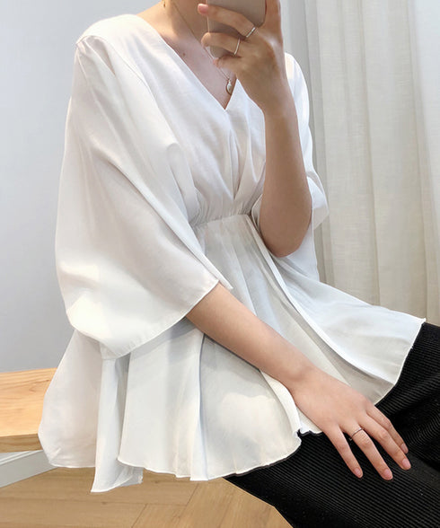 ボリューム袖 シャツブラウス Vネック ウエストゴム ブラウス 着やせ パフスリーブ 上品 清楚 大人エレガント フェミニン おしゃれ AMYX-86011