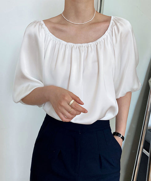 とろみブラウス ギャザー オフショルダー Uネック カットソー レディース 七分袖 上品 春ブラウス パフスリーブ トップス 韓国 デコルテ AMYX-86027
