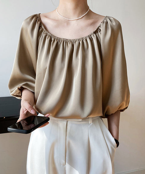 とろみブラウス ギャザー オフショルダー Uネック カットソー レディース 七分袖 上品 春ブラウス パフスリーブ トップス 韓国 デコルテ AMYX-86027