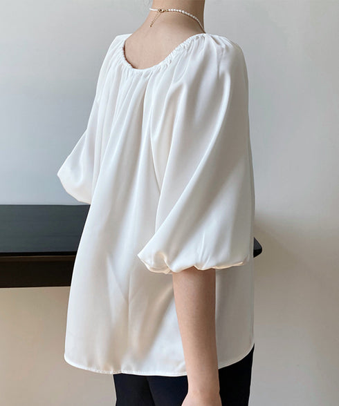 とろみブラウス ギャザー オフショルダー Uネック カットソー レディース 七分袖 上品 春ブラウス パフスリーブ トップス 韓国 デコルテ AMYX-86027