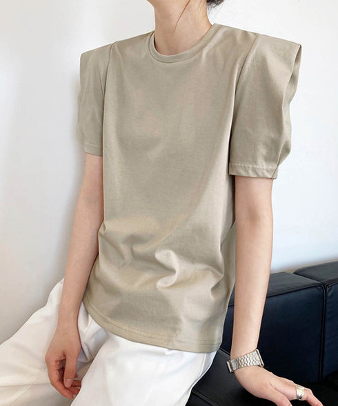 パフスリーブ Tシャツレディース 無地 ラウンドネック 半袖 カットソー 大人かわいい プルオーバー シンプル シャツブラウス 着やせ AMYX-86029