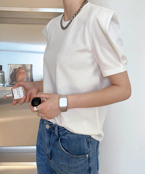パフスリーブ Tシャツレディース 無地 ラウンドネック 半袖 カットソー 大人かわいい プルオーバー シンプル シャツブラウス 着やせ AMYX-86029