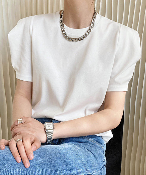 パフスリーブ Tシャツレディース 無地 ラウンドネック 半袖 カットソー 大人かわいい プルオーバー シンプル シャツブラウス 着やせ AMYX-86029