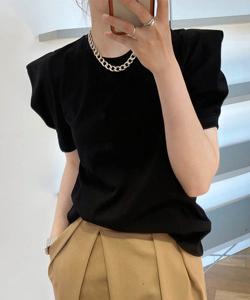 パフスリーブ Tシャツレディース 無地 ラウンドネック 半袖 カットソー 大人かわいい プルオーバー シンプル シャツブラウス 着やせ AMYX-86029
