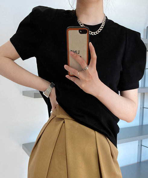 パフスリーブ Tシャツレディース 無地 ラウンドネック 半袖 カットソー 大人かわいい プルオーバー シンプル シャツブラウス 着やせ AMYX-86029