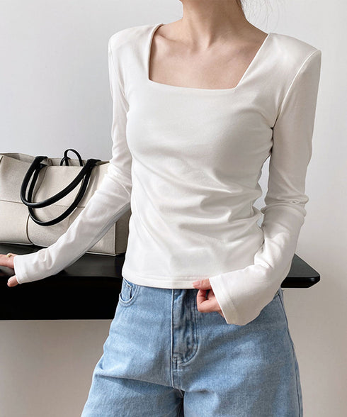 スクエアネック カットソー レディース トップス きれいめ tシャツ 長袖 韓国ファッション テーラード 鎖骨魅せ トップス 通勤 AMYX-86033