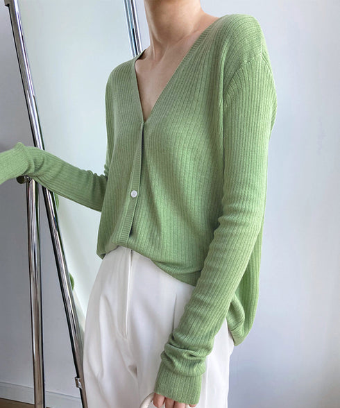 韓国 ニット カーディガン レディース 薄手 カーディガン vネック リブニット トップス 秋新作 羽織 ドロップショルダー ライトアウター AMYX-86036