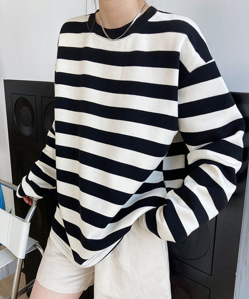 ボーダー tシャツ レディース 長袖韓国 ゆったり カットソー カジュアル トップス ドロップショルダー ビッグシルエット ロンt 体型カバー 30代40代 秋冬 AMYX-86038