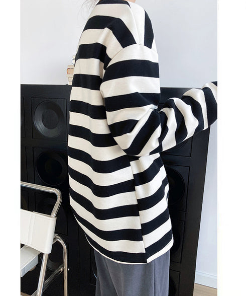 ボーダー tシャツ レディース 長袖韓国 ゆったり カットソー カジュアル トップス ドロップショルダー ビッグシルエット ロンt 体型カバー 30代40代 秋冬 AMYX-86038