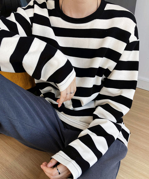 ボーダー tシャツ レディース 長袖韓国 ゆったり カットソー カジュアル トップス ドロップショルダー ビッグシルエット ロンt 体型カバー 30代40代 秋冬 AMYX-86038