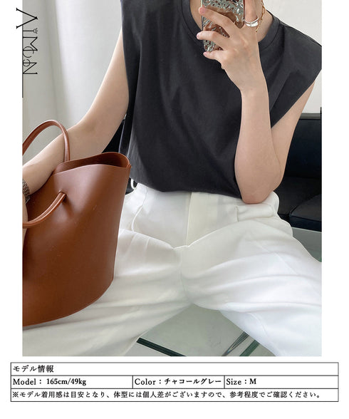 ノースリーブ tシャツ レディース韓国風 シンプル クルーネック カットソー 無地 プルオーバー 夏 ゆったり 肩パッド付き Tシャツ オフィスカジュアル 涼しい AMYX-86065
