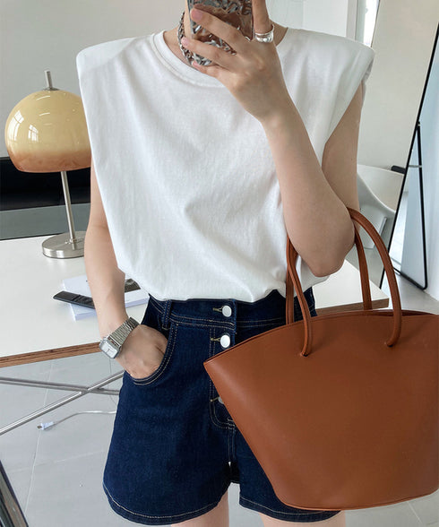 ノースリーブ tシャツ レディース韓国風 シンプル クルーネック カットソー 無地 プルオーバー 夏 ゆったり 肩パッド付き Tシャツ オフィスカジュアル 涼しい AMYX-86065