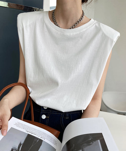 ノースリーブ tシャツ レディース韓国風 シンプル クルーネック カットソー 無地 プルオーバー 夏 ゆったり 肩パッド付き Tシャツ オフィスカジュアル 涼しい AMYX-86065