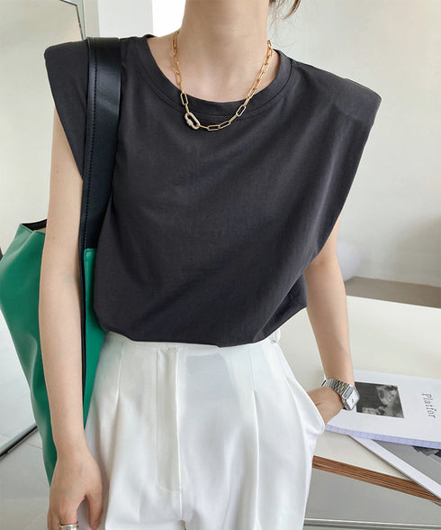 ノースリーブ tシャツ レディース韓国風 シンプル クルーネック カットソー 無地 プルオーバー 夏 ゆったり 肩パッド付き Tシャツ オフィスカジュアル 涼しい AMYX-86065