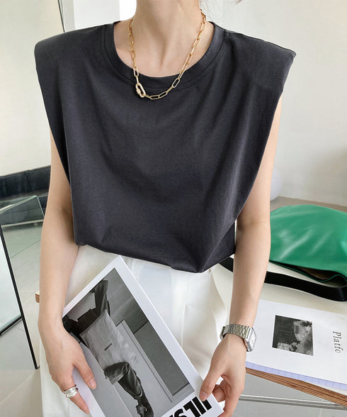 ノースリーブ tシャツ レディース韓国風 シンプル クルーネック カットソー 無地 プルオーバー 夏 ゆったり 肩パッド付き Tシャツ オフィスカジュアル 涼しい AMYX-86065
