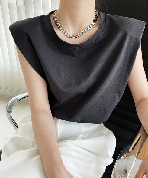 ノースリーブ tシャツ レディース韓国風 シンプル クルーネック カットソー 無地 プルオーバー 夏 ゆったり 肩パッド付き Tシャツ オフィスカジュアル 涼しい AMYX-86065