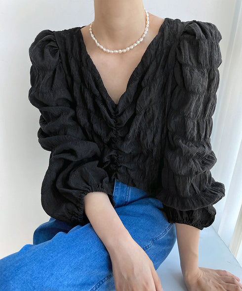 ブラウス Vネック レディース長袖 春夏 韓国風 ショート丈トップス パフスリーブ サマー シャツブラウス 日焼け対策 おしゃれ胸元ギャザー トップス きれいめ AMYX-86066