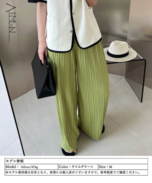 プリーツパンツ レディース ワイドパンツ 韓国風 リラックスパンツ ウエストゴム ボトムス 大人カジュアル ストレートパンツ 体型カバー イージーパンツ 着やせ AMYX-86068