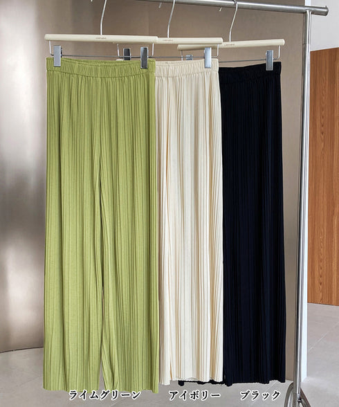 プリーツパンツ レディース ワイドパンツ 韓国風 リラックスパンツ ウエストゴム ボトムス 大人カジュアル ストレートパンツ 体型カバー イージーパンツ 着やせ AMYX-86068