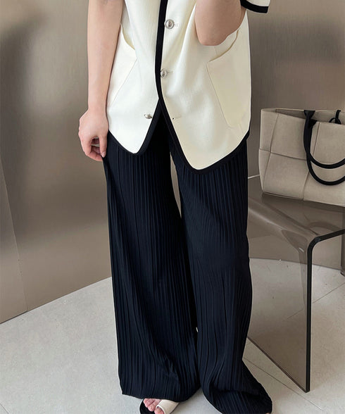 プリーツパンツ レディース ワイドパンツ 韓国風 リラックスパンツ ウエストゴム ボトムス 大人カジュアル ストレートパンツ 体型カバー イージーパンツ 着やせ AMYX-86068