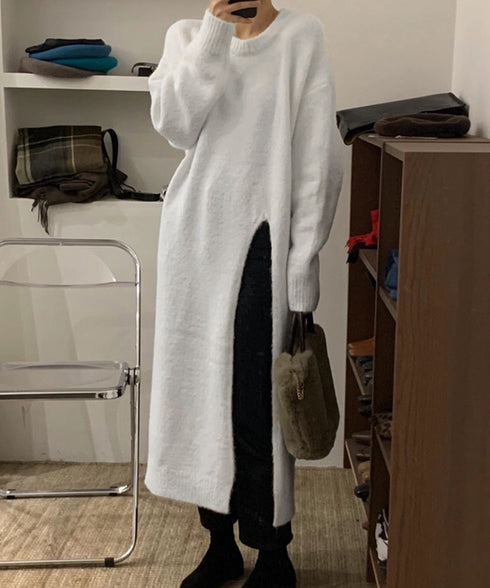ニット チュニックワンピ サイドスリット レディース 大人可愛い ニットワンピース 秋冬長袖 ロングニットセーター 着やせラウンドネック 無地 オフィスカジュアル AMYX-86078