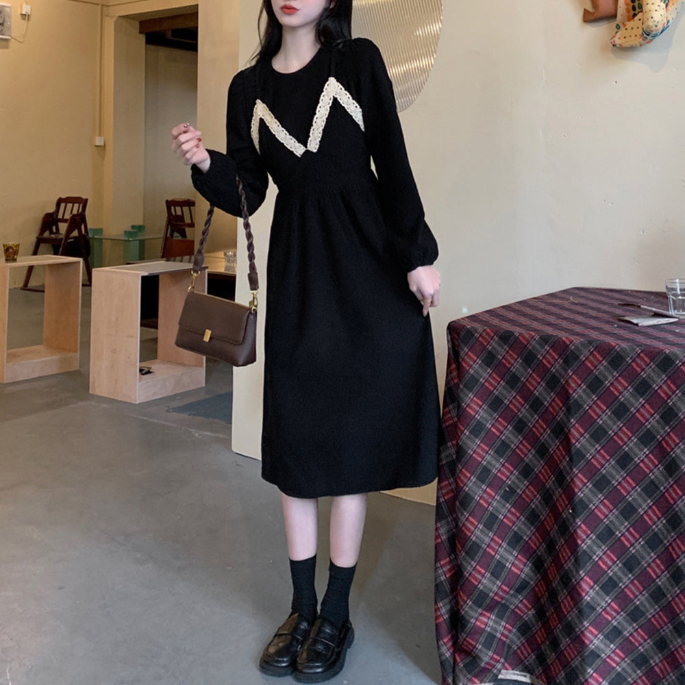 コーデュロイワンピース レイヤード風秋冬 ブラック