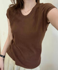 ニットTシャツ レディース 韓国風 夏服 Uネック プルオーバー 着やせ 大人カジュアル インスタ映え シンプルカットソー おしゃれ半袖トップス リラックス 無地 1CHIC-001
