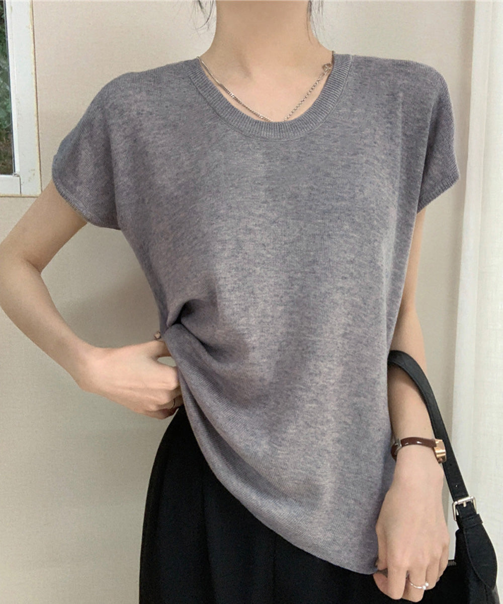 ニットTシャツ レディース 韓国風 夏服 Uネック プルオーバー 着やせ 大人カジュアル インスタ映え シンプルカットソー おしゃれ半袖トップス リラックス 無地 1CHIC-001