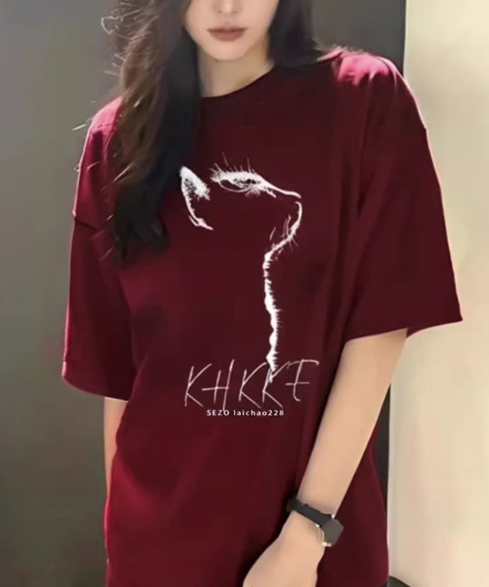 ビッグtシャツ レディース 半袖トップス ワインレッド