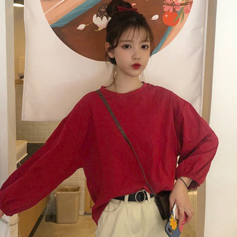 長袖Tシャツ ドロップショルダーtシャツ ワインレッド
