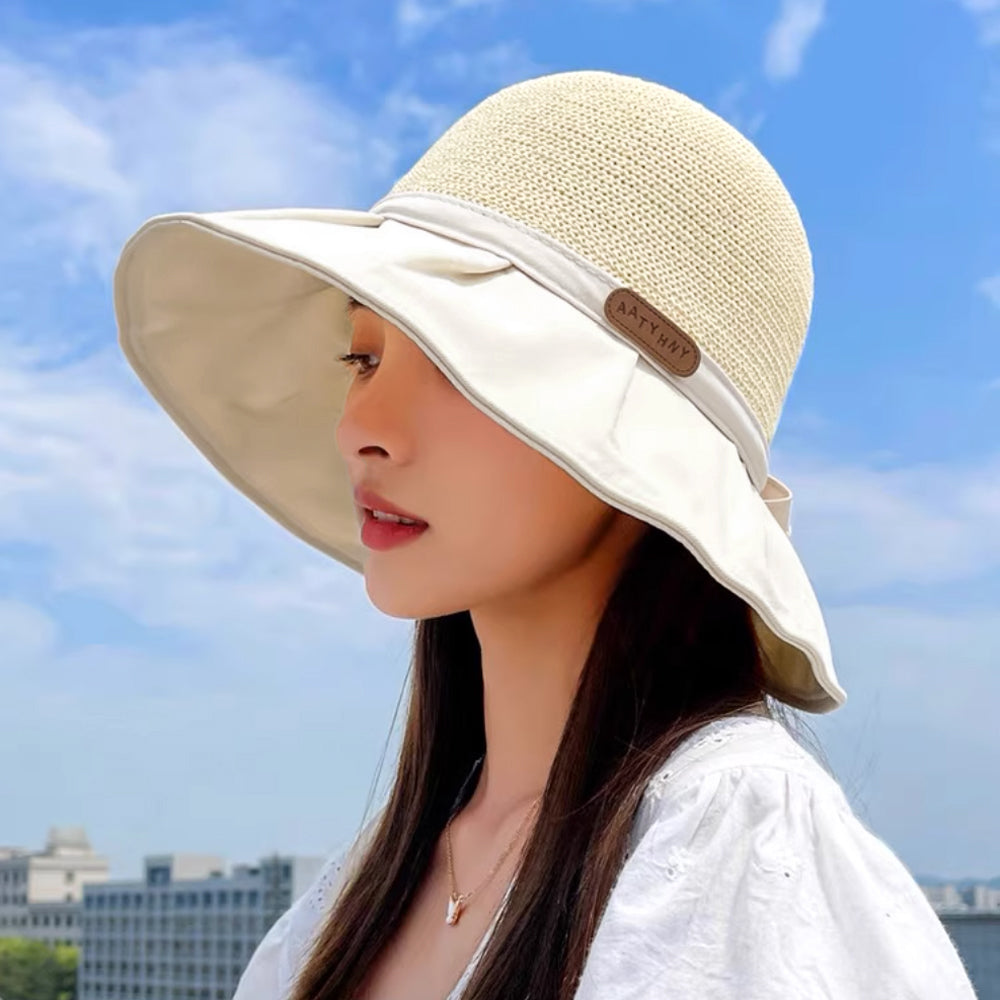 日焼け防止帽子 レディースストローハット ベージュ