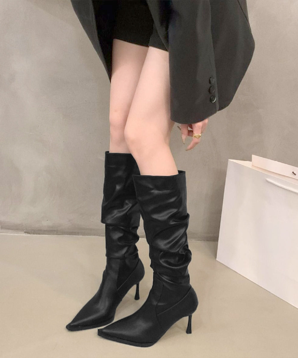 ポインテッドトゥロングブーツピンヒール靴 上品フェイクレザーブーツ くしゅくしゅブーツ美脚脚長 レディース 秋冬靴大人可愛いきれいめ韓国ファッションY2Kモード靴 1JL-014