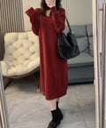 リブニットワンピース ロング丈 vネック ワインレッド