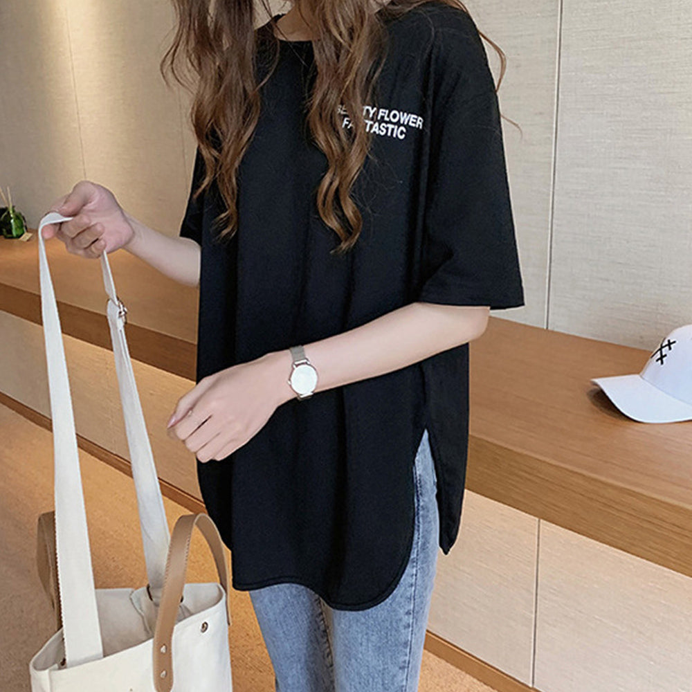 ロングtシャツ レディース 韓国 ロゴT ブラック