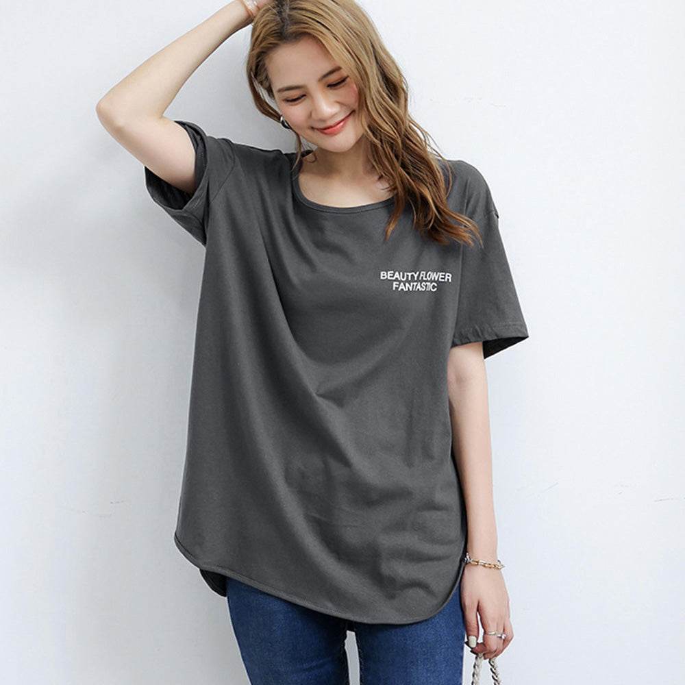 ロングtシャツ レディース 韓国 ロゴT ダークグレー