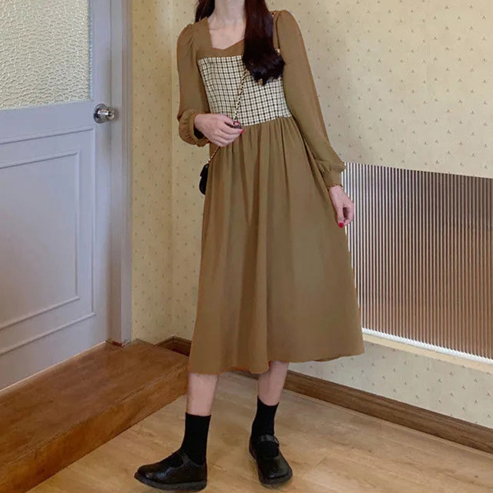 ワンピース レディース切り替えワンピ長袖 キャメルベージュ