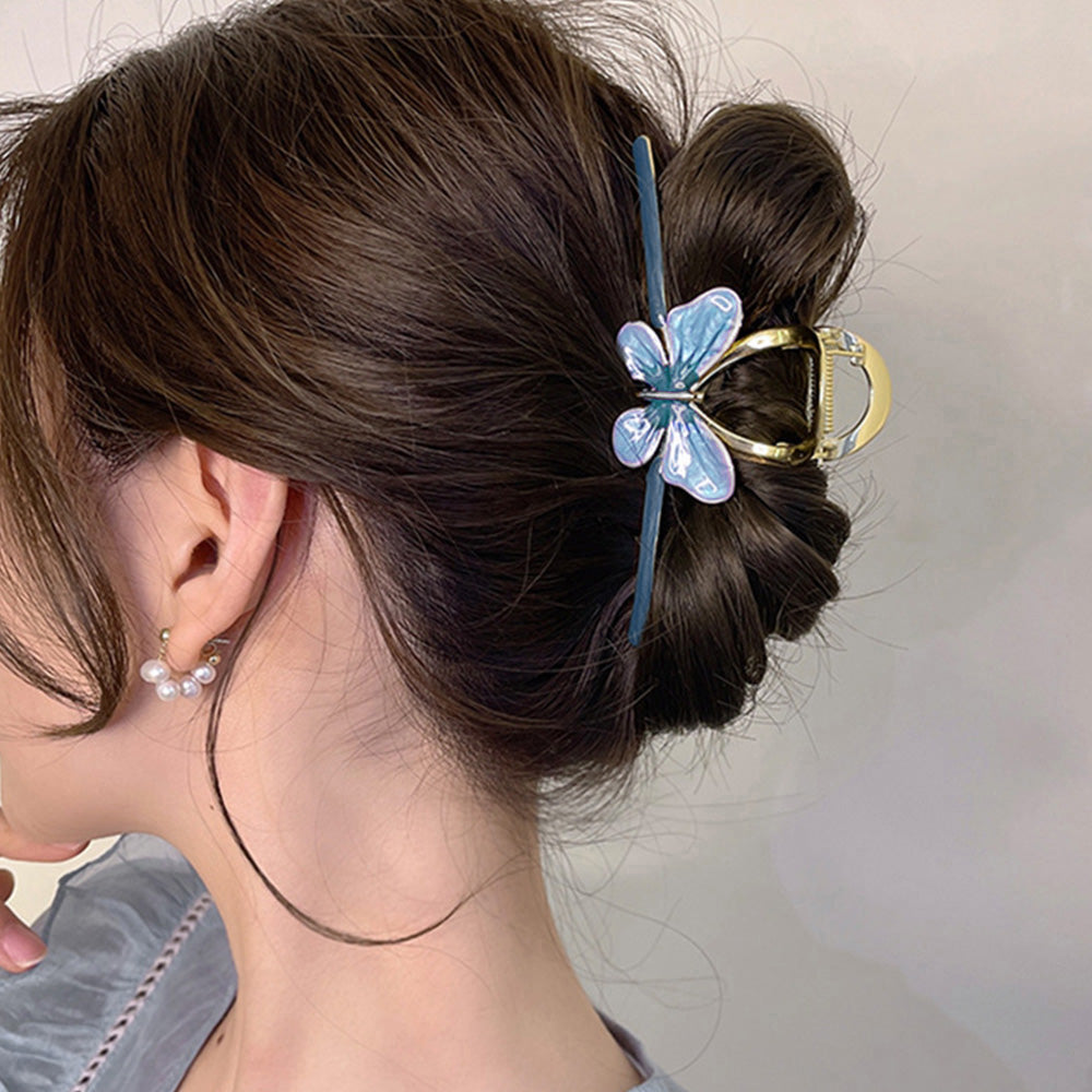 バンスクリップ 大きめ 蝶々ヘアクリップ くすみブルー