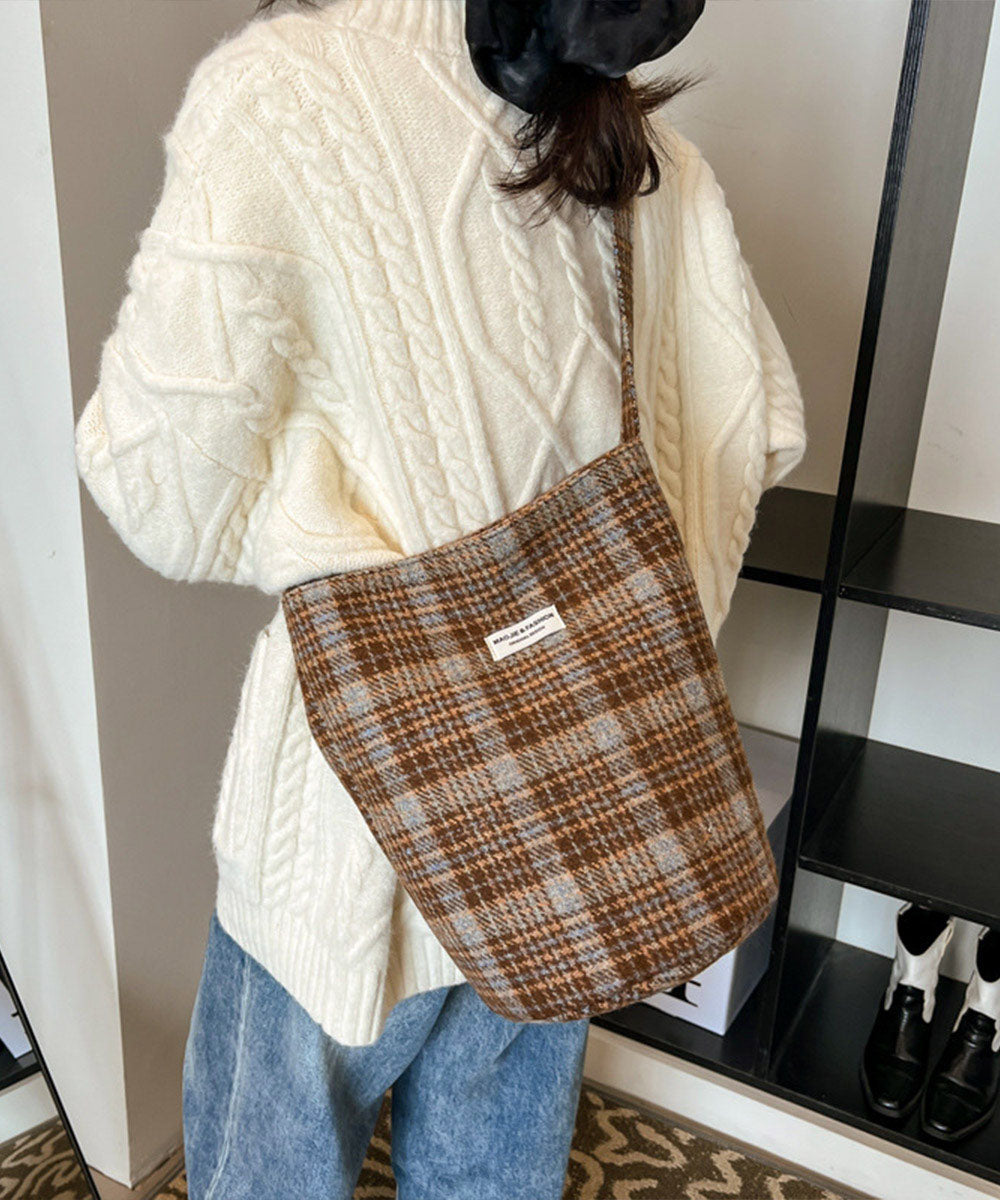 レトロチェックショルダーバッグ肩掛け秋冬 キャメル