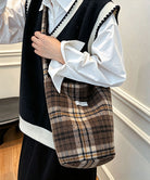 レトロチェックショルダーバッグ肩掛け秋冬 モカ