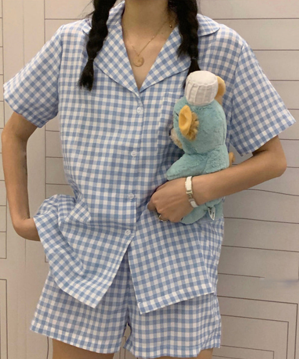 韓国 パジャマ 上下セット ルームウェア レディース チェック柄 ラウンジウェア 半袖 部屋着セット ショートパンツ ナイトウェア 修学旅行 可愛い お泊り寝巻き 1YALITI-001