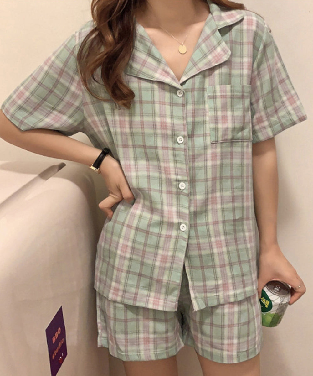 韓国 パジャマ 上下セット ルームウェア レディース チェック柄 ラウンジウェア 半袖 部屋着セット ショートパンツ ナイトウェア 修学旅行 可愛い お泊り寝巻き 1YALITI-001