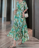 花柄ワンピース5分袖ティアードワンピース グリーン