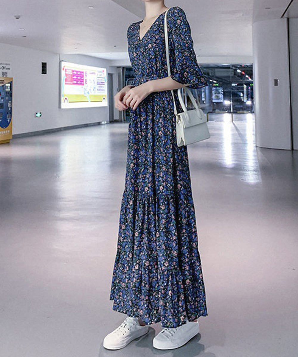 花柄ワンピース5分袖ティアードワンピース ネイビー